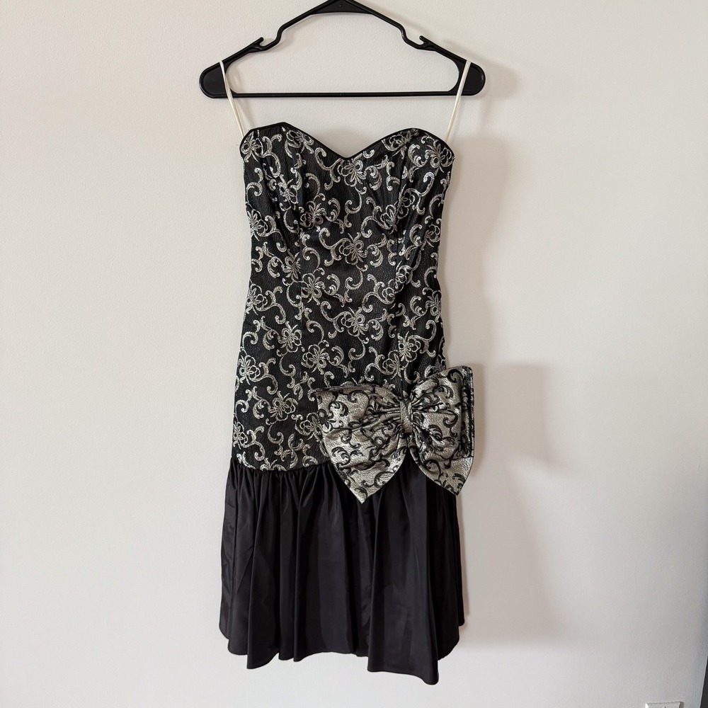 Vintage Strapless Brocade Party Dress Womens M Metallic Bow Prom 80s‎ Union Made